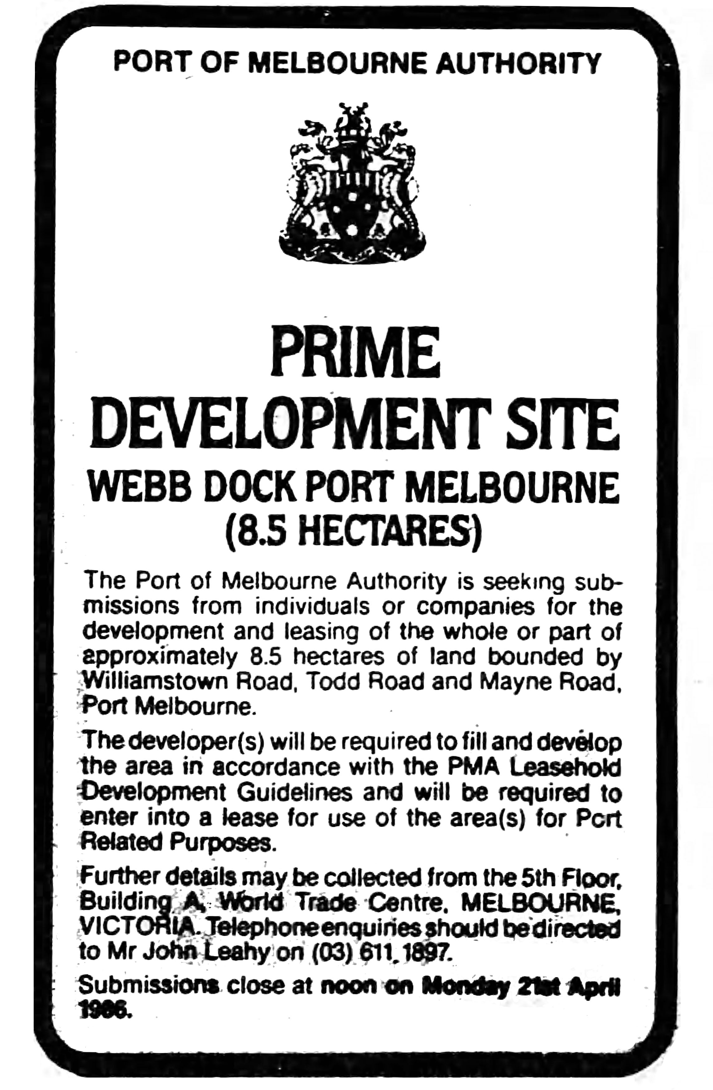 Tender for the development of Port Authority Land