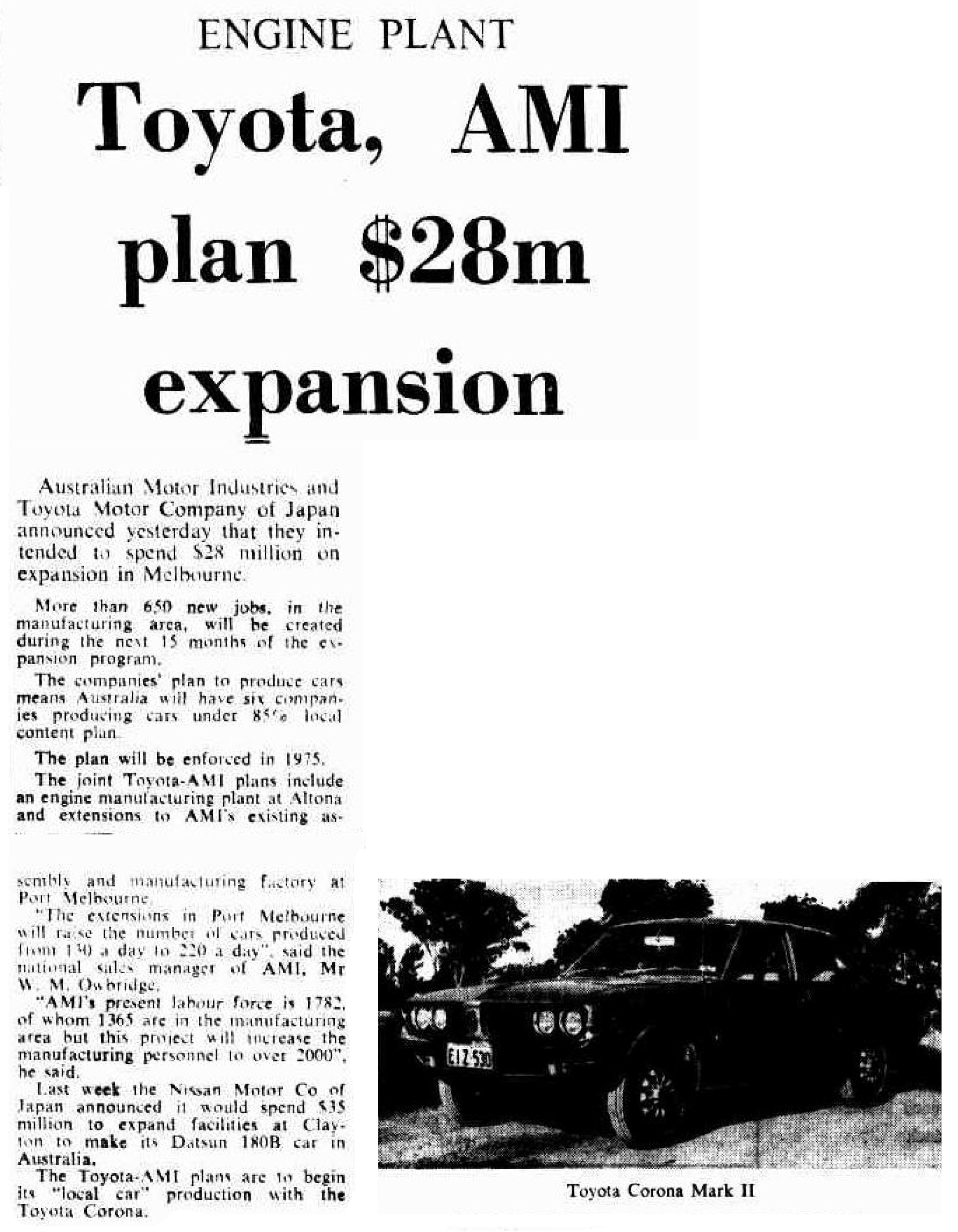 Toyota, AMI plan $28m expansion Canberra Times (ACT : 1926 - 1995), Friday 22 December 1972