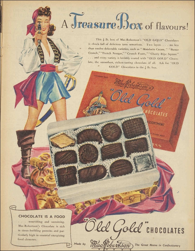 Old Gold chocolate advertisement, Australian Women's Weekly, 14 August 1948, page 27