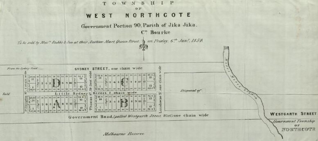 Map of proposed Township of West Northcote, 1854