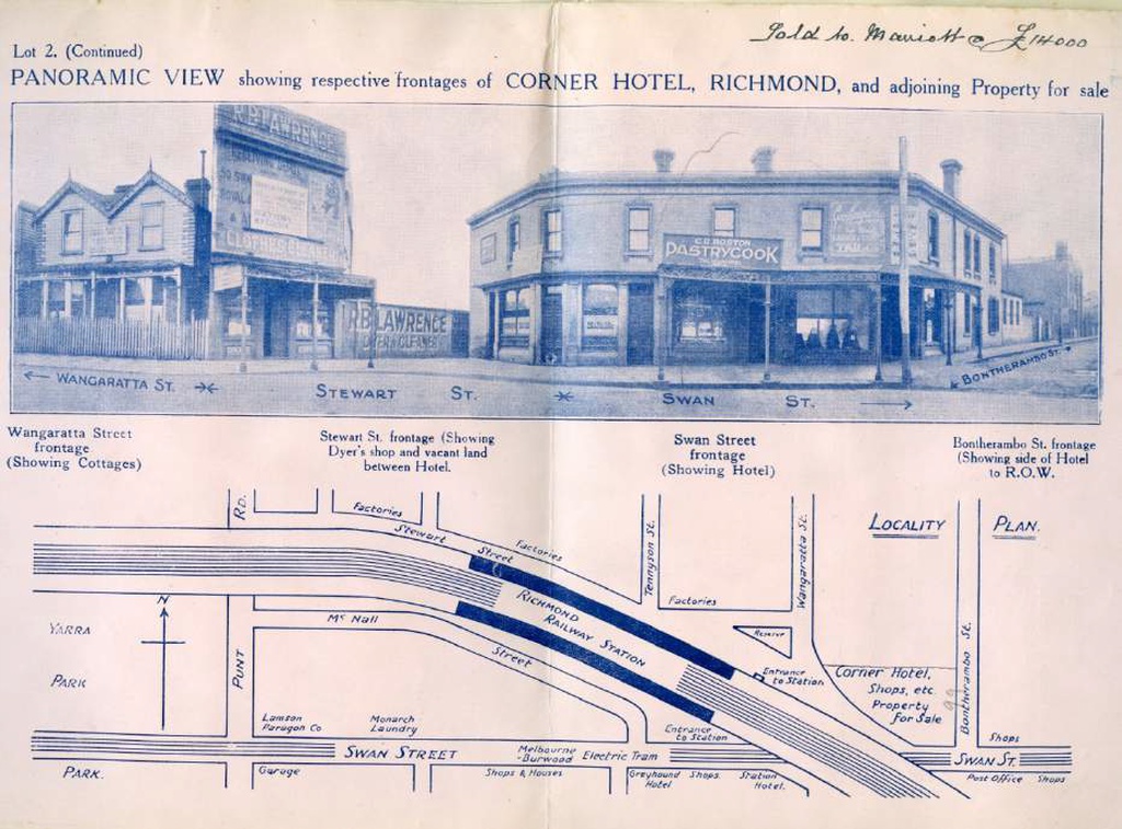 1916-1920s advertisement for the original building of the Corner Hotel and surrounding streets