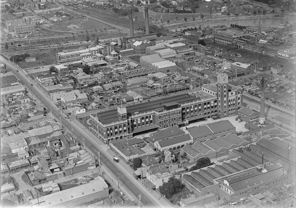 View over Bryant and May Factory (foreground) with Rosella Factory in the background, c. 1930-1945