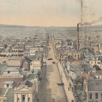 Detail from "Panoramic View of Fitzroy" as viewed from St Patrick's Cathedral, 1899; the Belvedere Hotel can be seen at the central intersection