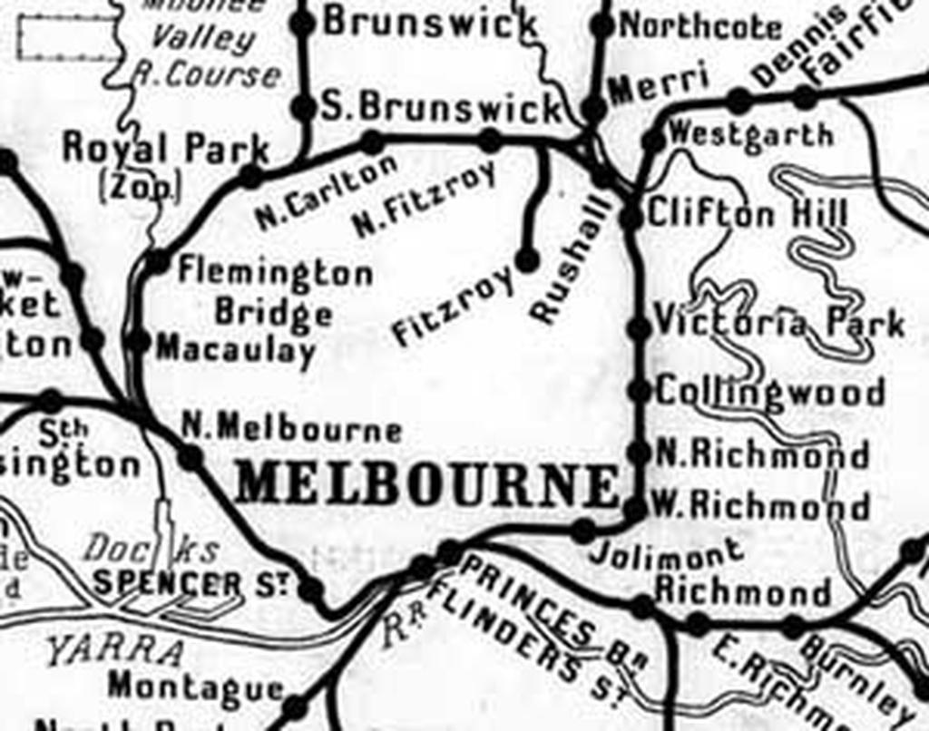 Map of Melbourne Suburban Lines 1930s, showing the Inner Circle and the Northcote Loop