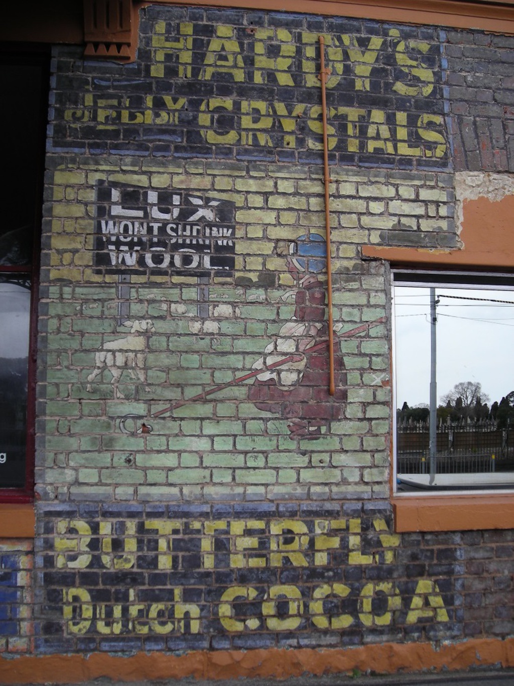 Advertising signage for Hardy's jelly crystals, Lux soap flakes and Butterfly Dutch cocoa