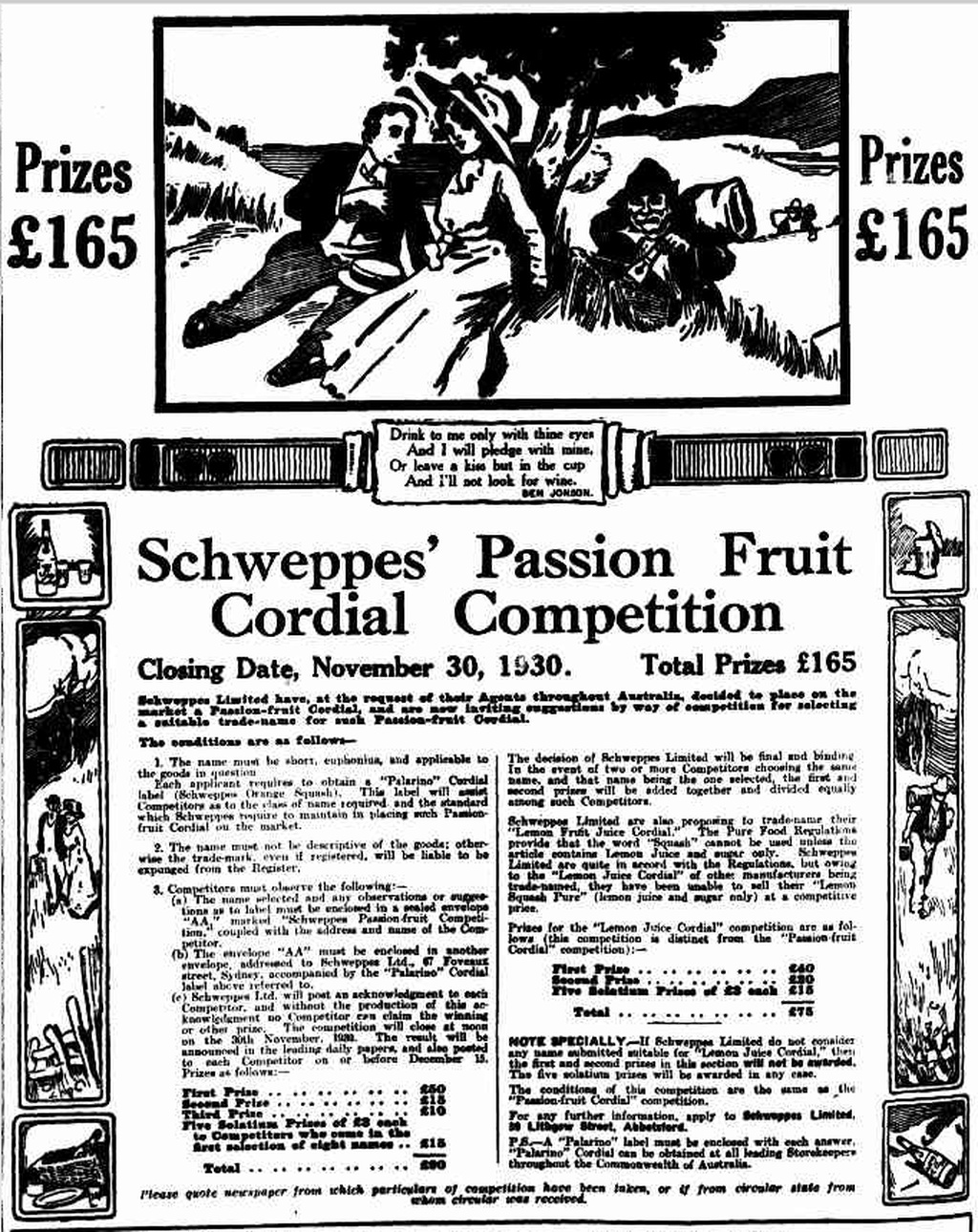 Advertisement for a 1930 competition to name Schweppes Passionfruit Cordial; all entries to be sent to 35 Lithgow St Abbotsford