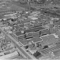 View over Bryant and May Factory (foreground) with Rosella Factory in the background, c. 1930-1945